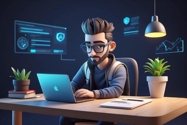 3d cartoon character developer working laptop web app development
